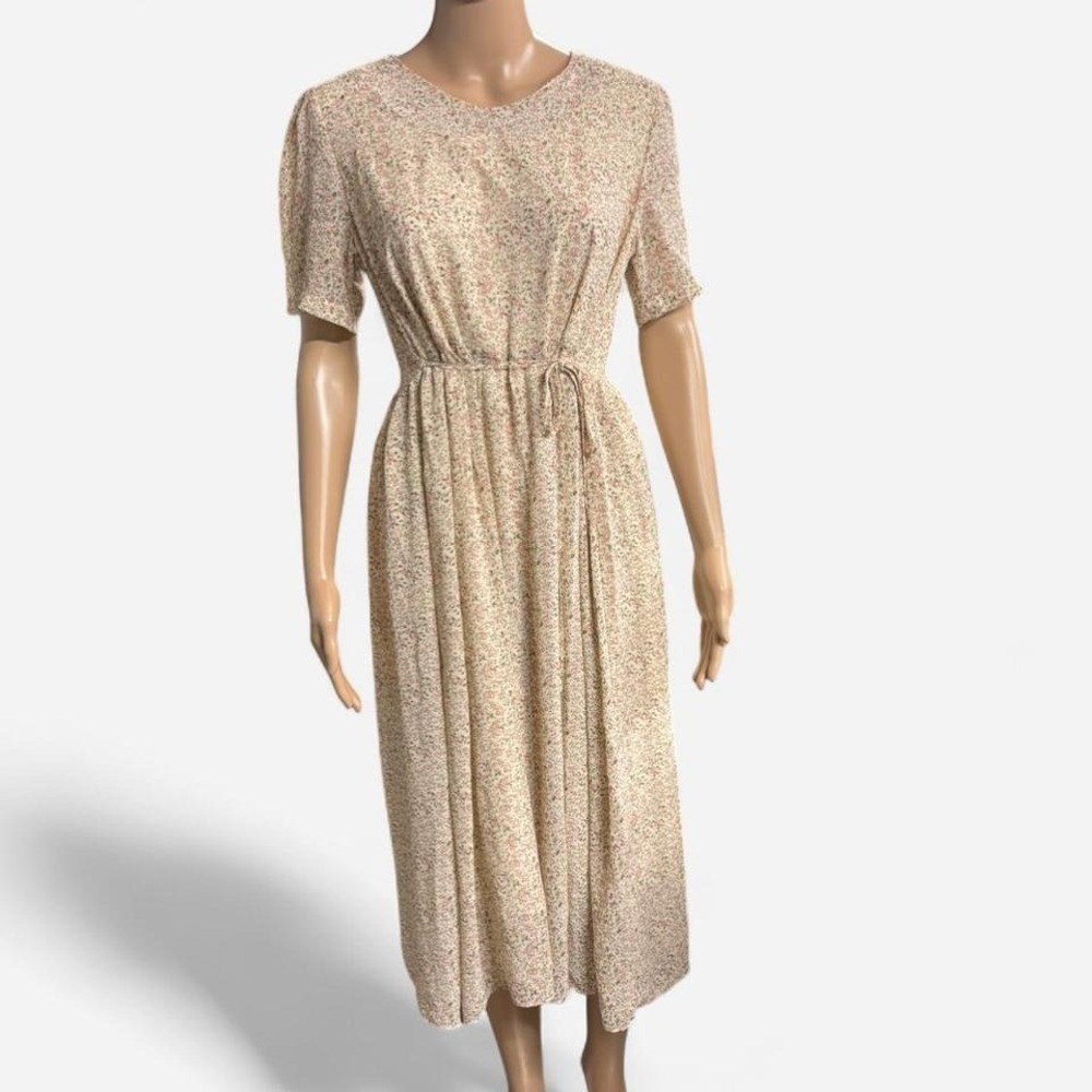 Energie Beige Floral Midi Dress with Tie Waist